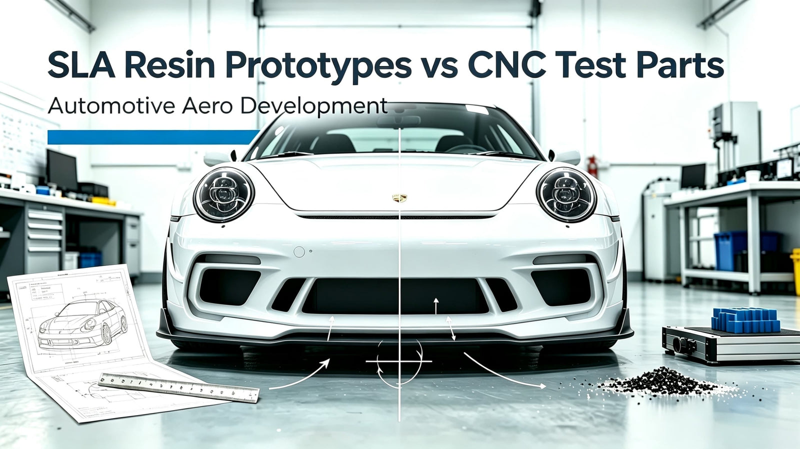 SLA resin prototypes vs CNC machined test parts for automotive aero development. Use SLA for fast fitment and styling checks; choose CNC for longer road/track validation — then move to ASA, PETG or PA-CF production parts.